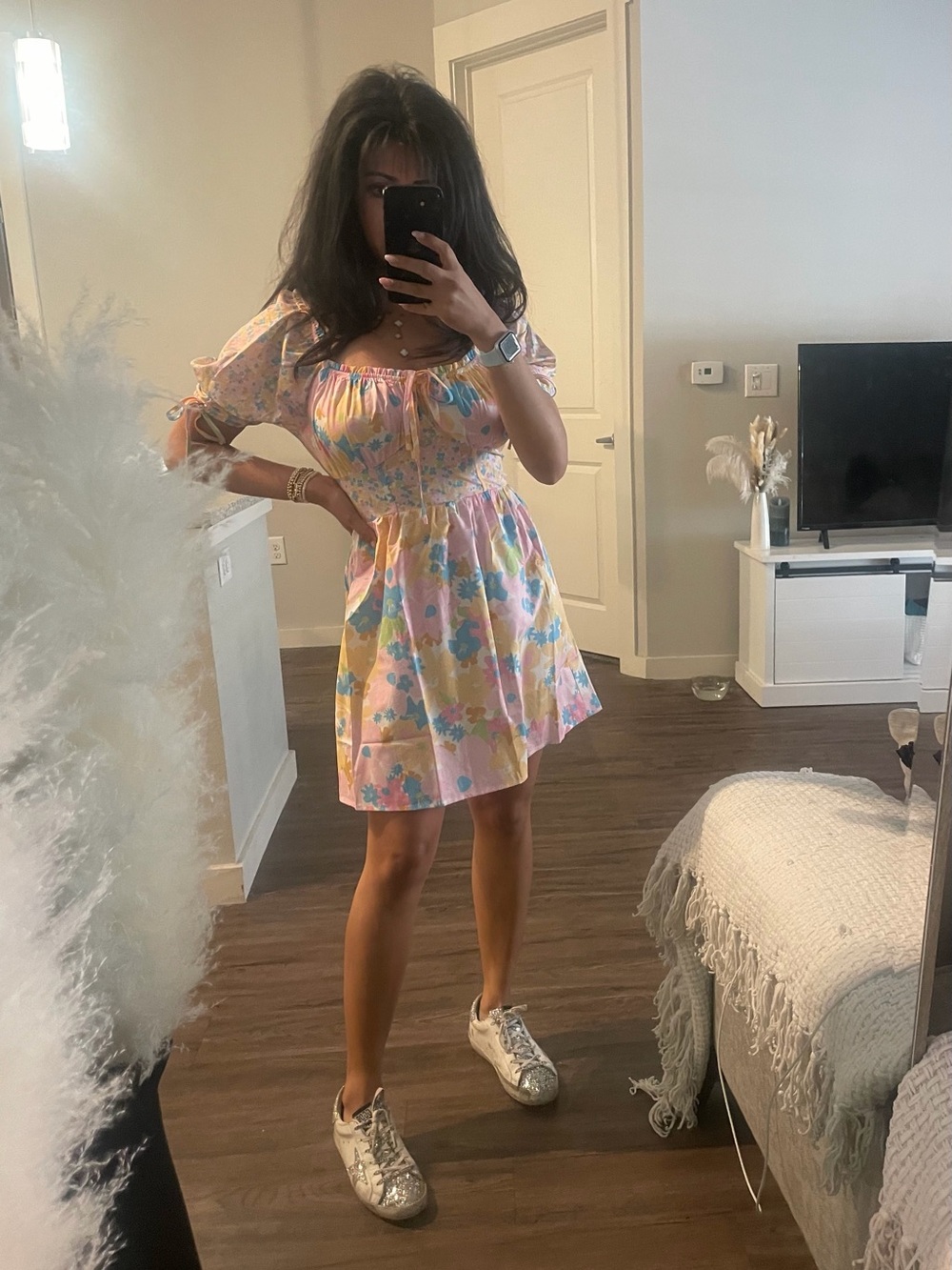 Pastel Floral Puff-Sleeve Mini Dress - Pink